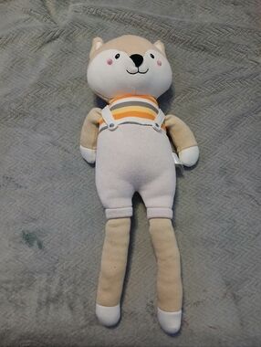 Plush Beige Fox Doll with Orange Stripe Overalls